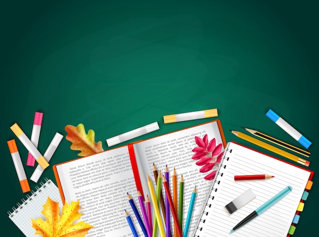 Zurück zu Schule realistischer Hintergrund mit Büchern Bleistifte Buntstifte Herbstblätter Gummi