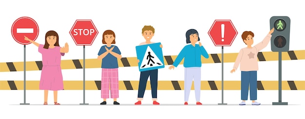 Zusammensetzung der straßenverkehrsregeln für kinder mit einer reihe von kinderfiguren, die verkehrszeichen mit licht- und barrierenvektorillustration halten