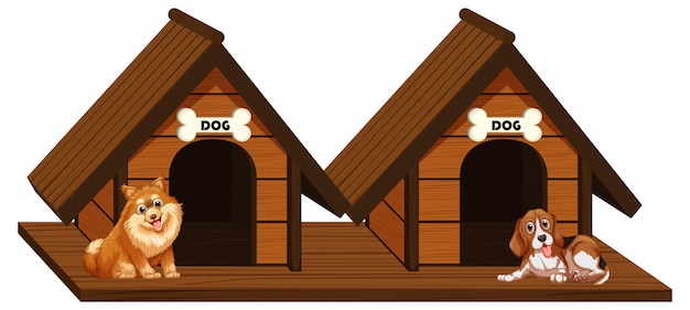 Kostenloser Vektor zwei hölzerne hundehütten mit hunden