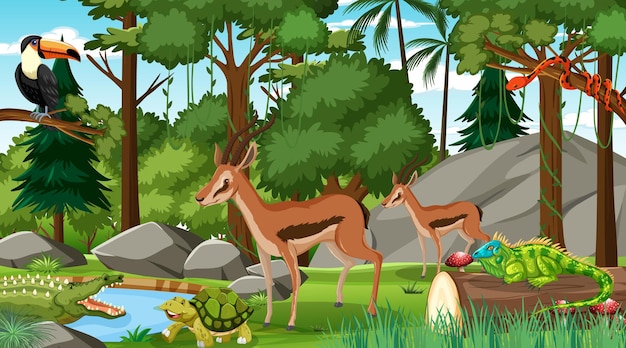 Zwei impala mit anderen wilden tieren im wald tagsüber szene