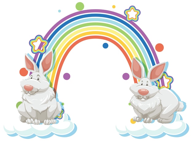 Zwei kaninchen-cartoon-figur mit regenbogen