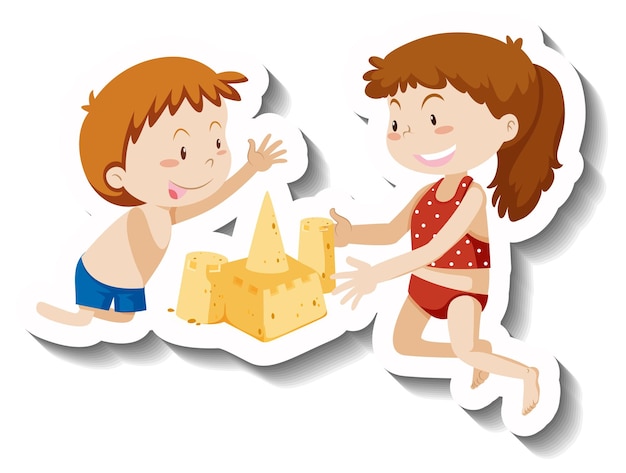 Zwei kinder bauen sandburg-cartoon-charakter-aufkleber