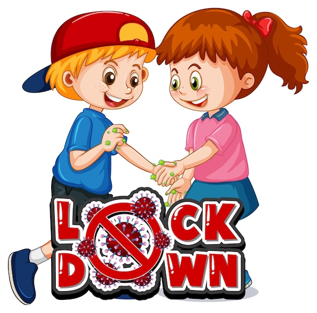 Zwei kinder-cartoon-figur hält keine soziale distanz mit lock down-schriftart isoliert auf weißem hintergrund