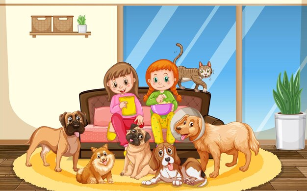 Zwei Mädchen mit vielen Hunden im Wohnzimmer
