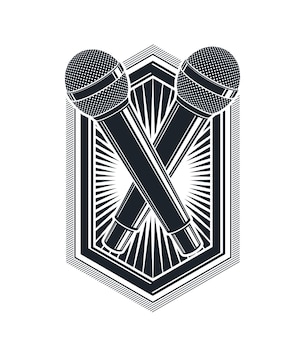 Zwei mikrofone, vektorlogo oder emblem einzeln auf weiß, mc-rapper oder rap-battle-konzept, comic oder radio aufstehen, blogger.
