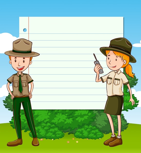 Zwei park ranger und papierschablone