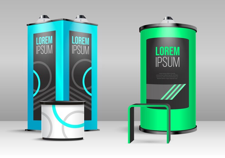 Kostenlose Vektor zwei realistische ausstellungsstandvorlagen in leuchtend blauen und grünen farben mit leuchtenden lampen vektorillustration