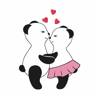 Zwei süße pandas umarmen und lieben sich. vektor-cartoon-illustration zum valentinstag. zeichnen von lustigen tieren für kinder, jungen und mädchen. panda auf weißem hintergrund isoliert