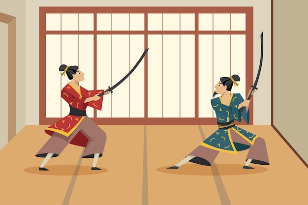 Zwei zeichentrick-samurai-figuren, die mit schwertern gegeneinander kämpfen. flache illustration. asiatische krieger, die traditionellen kimono tragen und in kämpfenden posen stehen. asien, samurai, kampf, kulturkonzept