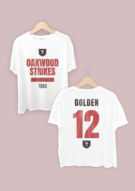 Kostenloser Vektor zweifarbiges, flaches oakwood strikes-fußball-t-shirt