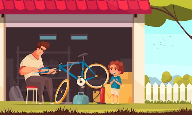 Zyklusreparaturhintergrund mit flacher illustration der familienaktivitätssymbole