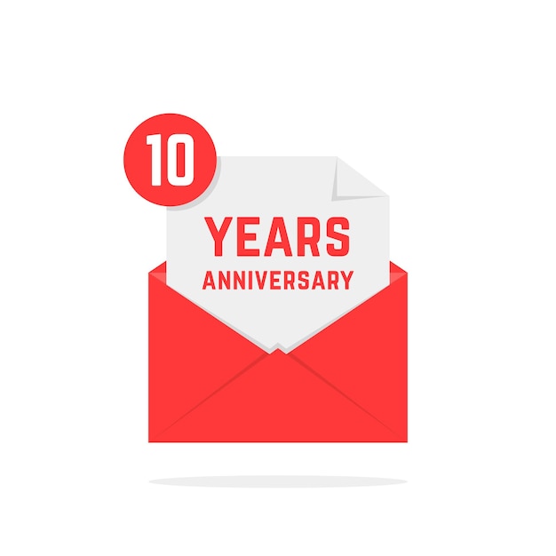 10 jahre jubiläumssymbol in roter schrift. konzept von festlichem text, posteingang, spaß, mitteilung, gedenkstätte, zertifikat, erfolg, e-mail, sms. flaches modernes logo-grafikplakatdesign auf weißem hintergrund