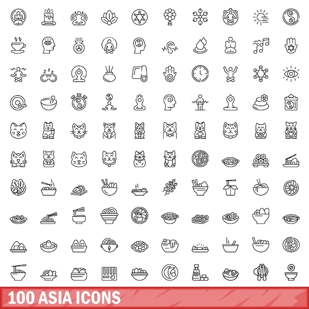 100 asiatische symbole legen den umrissstil fest