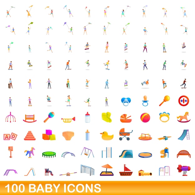 100 babysymbole eingestellt. karikaturillustration von 100 babyikonen-vektorsatz lokalisiert auf weißem hintergrund