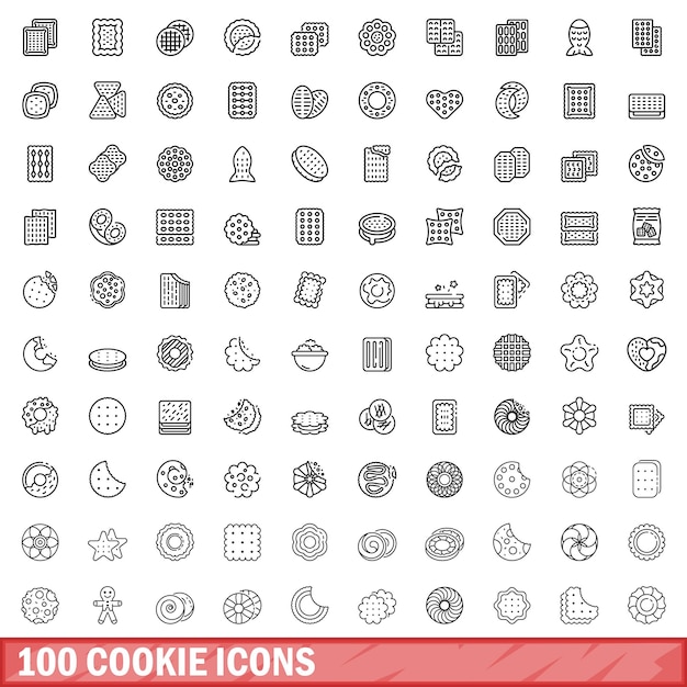 100 cookie-symbole legen den umrissstil fest