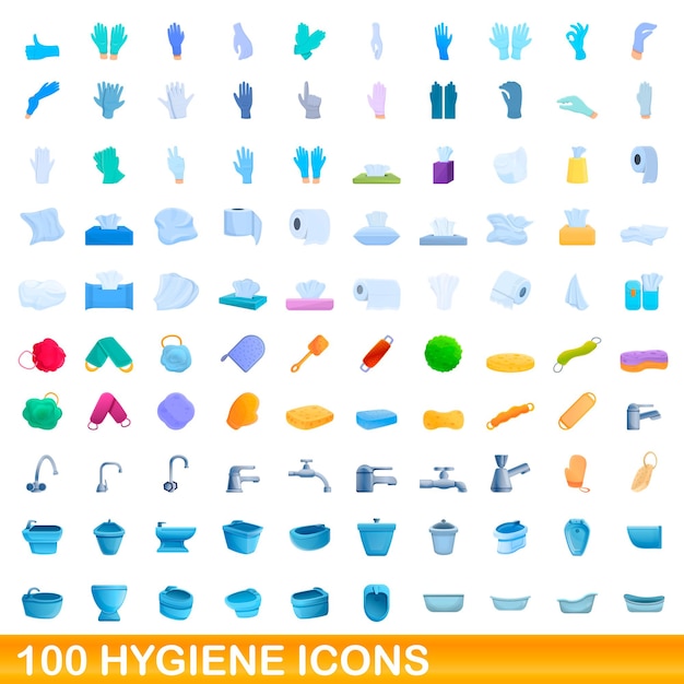 100 hygienesymbole gesetzt. karikaturillustration von 100 hygieneikonen-vektorsatz lokalisiert auf weißem hintergrund