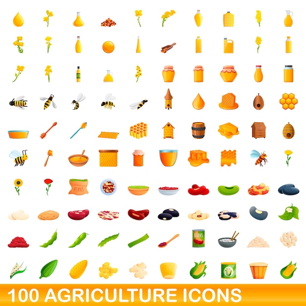 100 landwirtschaftssymbole gesetzt. karikaturillustration von 100 landwirtschaftlichen ikonenvektorsatz lokalisiert auf weißem hintergrund