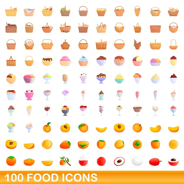 100 Lebensmittelsymbole festgelegt. Karikaturillustration von 100 Lebensmittelikonen-Vektorsatz lokalisiert auf weißem Hintergrund