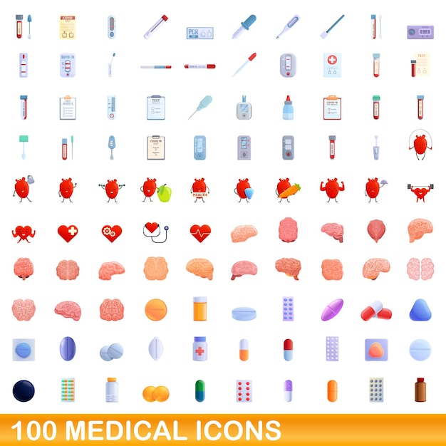 100 medizinische symbole im cartoon-stil