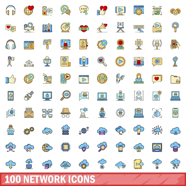 100 netzwerk-iconen-set farblinie-set von netzwerk-vektor-iconen dünne linie farbe flach auf weiß