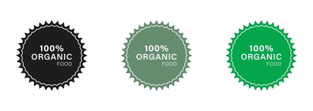 Vektor 100 prozent bio-lebensmittel grün- und schwarz-ikonensatz bio-food-etikett bio-gesunde öko-liebensmittel-zeichen