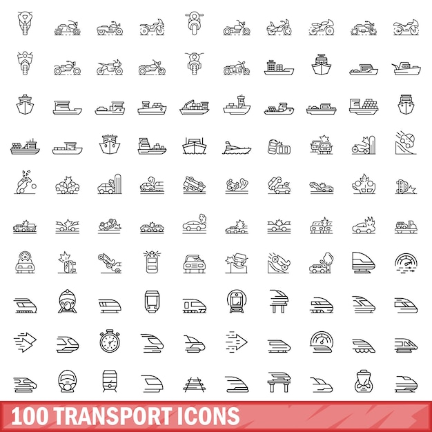 100 transportsymbole legen den umrissstil fest