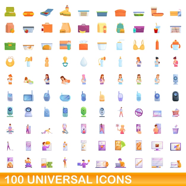 100 universelle symbole festgelegt. karikaturillustration von 100 universalikonenvektorsatz lokalisiert auf weißem hintergrund