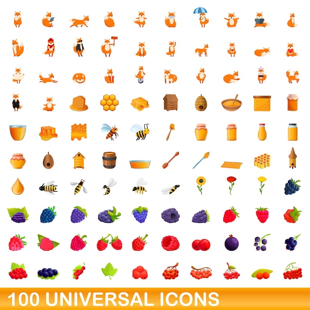 100 universelle symbole festgelegt. karikaturillustration von 100 universalikonenvektorsatz lokalisiert auf weißem hintergrund