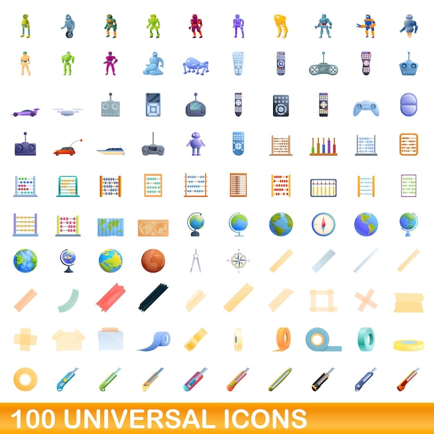 Vektor 100 universelle symbole im cartoon-stil