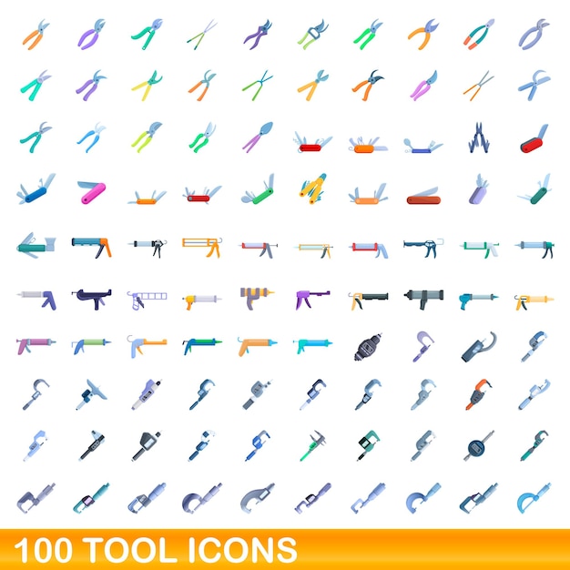 100 werkzeugsymbole gesetzt. karikaturillustration von 100 werkzeugikonen-vektorsatz lokalisiert auf weißem hintergrund