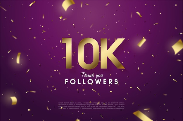 10k follower hintergrund mit illustration der goldenen zahlen auf lila hintergrund.