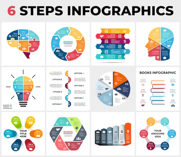 12 infografik-vorlagen packen kreisdiagramme diagrammpfeile zeitachsen 6 schritte
