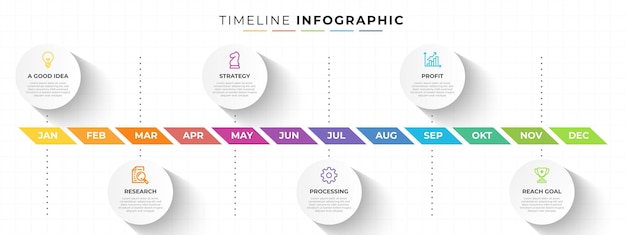 12-Monats-Timeline-Infografik-Design mit 6 Schritten