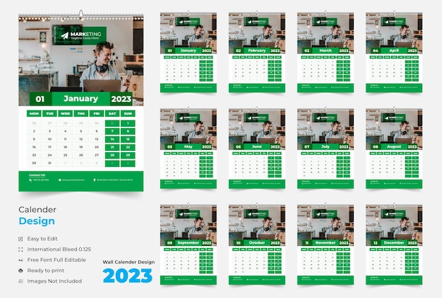 Vektor 12-seitiger wandkalender 2023, modernes wandkalender-design für das neue jahr 2023