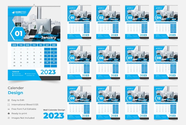 Vektor 12-seitiger wandkalender 2023, modernes wandkalender-design für das neue jahr 2023