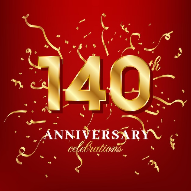 140 goldene Zahlen und Jubiläumstext mit goldenem Konfetti auf rotem Hintergrund