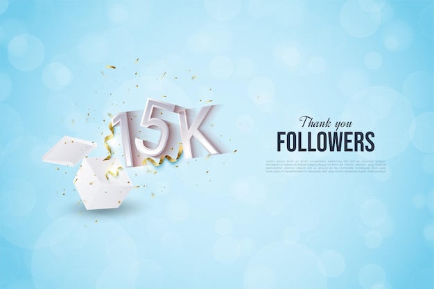 15.000 Follower mit illustrierten Zahlen, die aus Geschenkboxen herausspringen.