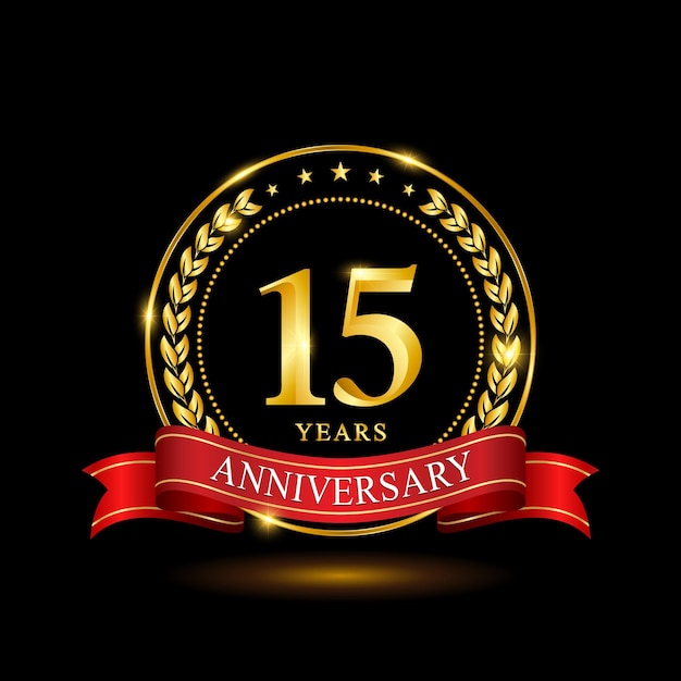 15 Jahre Jubiläumsschablonendesign mit glänzendem Ring und rotem Lorbeerkranz aus Band isoliert auf schwarzem Hintergrund-Logo-Vektor