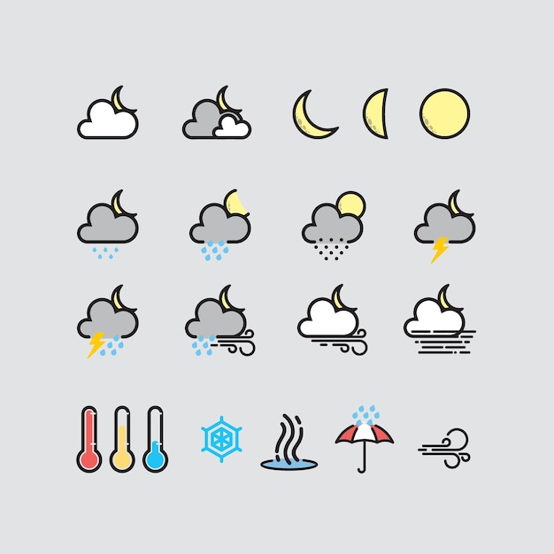 Vektor 16 einfache nachtfarbige wettersymbole im umrissstil