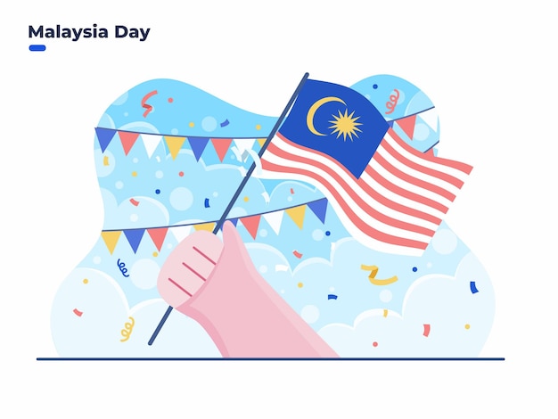 16. september happy malaysia day flacher illustrationsvektor mit leuten, die malaysia fla halten