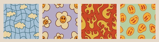 Vektor 1970 funky pattern pack groovy daisy flame smile clouds in retro vintage palette hippie aesthet