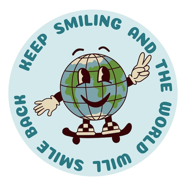 1970 groovy smile earth on skateboard aufkleber mit inspirierendem slogan in runder form hippie retro