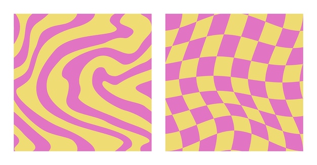 1970 LSD-Druck. Trippy Grid und Wavy Swirl Seamless Pattern Set in rosa und gelben Farben.