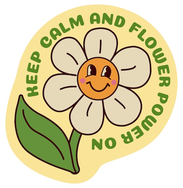 1970er retro smile daisy sticker mit inspirierendem slogan auf gelbem hintergrund groovy hippie charac