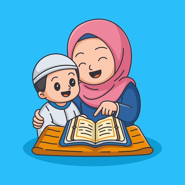 1Mother and Son Learning the Quran Together in a Cute Cartoon Style