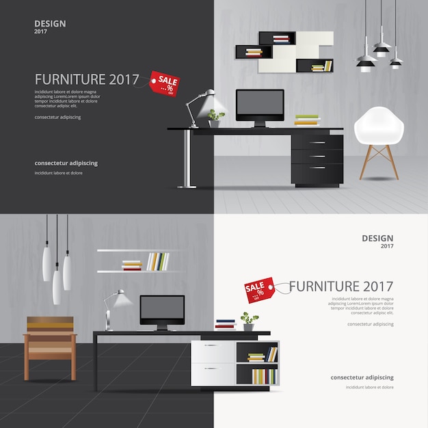 2 Fahnen-Möbel-Verkaufs-Design-Schablonen-Vektor-Illustration