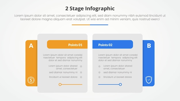 2 Punkte Bühnenvorlage zum Vergleich gegenüber Infografik Konzept für Folienpräsentation mit kreativer großer Tischseite mit flachem Stil