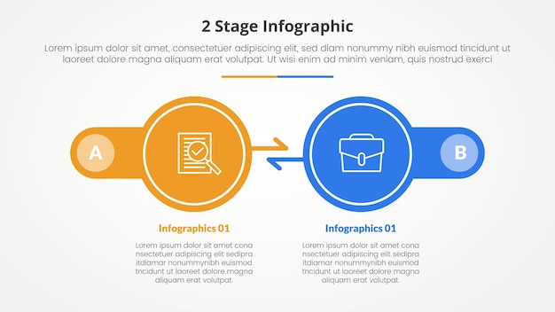 Vektor 2 punkte stufe vorlage für den vergleich gegenüber infografik konzept für folienpräsentation mit großem kreis pfeil entgegengesetzte richtung mit flachen stil