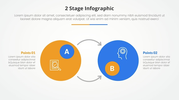 Vektor 2 punkte stufe vorlage zum vergleich gegenüber infografik konzept für folienpräsentation mit großem kreis abzeichen und entgegengesetzter pfeilrichtung mit flachen stil