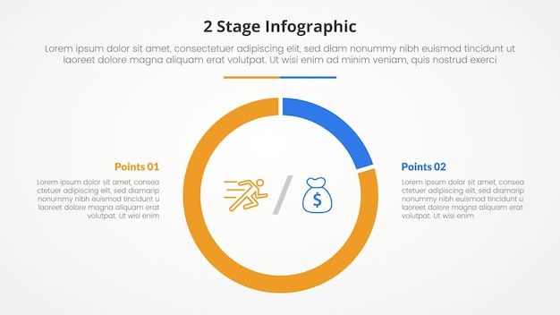 Vektor 2 punkte stufe vorlage zum vergleich gegenüber infografik konzept für folienpräsentation mit großem piechart umriss kreisform mit flachem stil